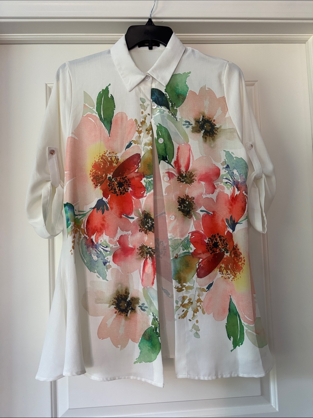 Radzoli White and Floral Longer Button-Front Blouse